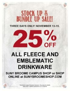 Get 25% off all fleece, outerwear, outerwear accessories, emblematic diploma frames and emblematic drinkware in the Campus Shop from Nov. 13 to 15.