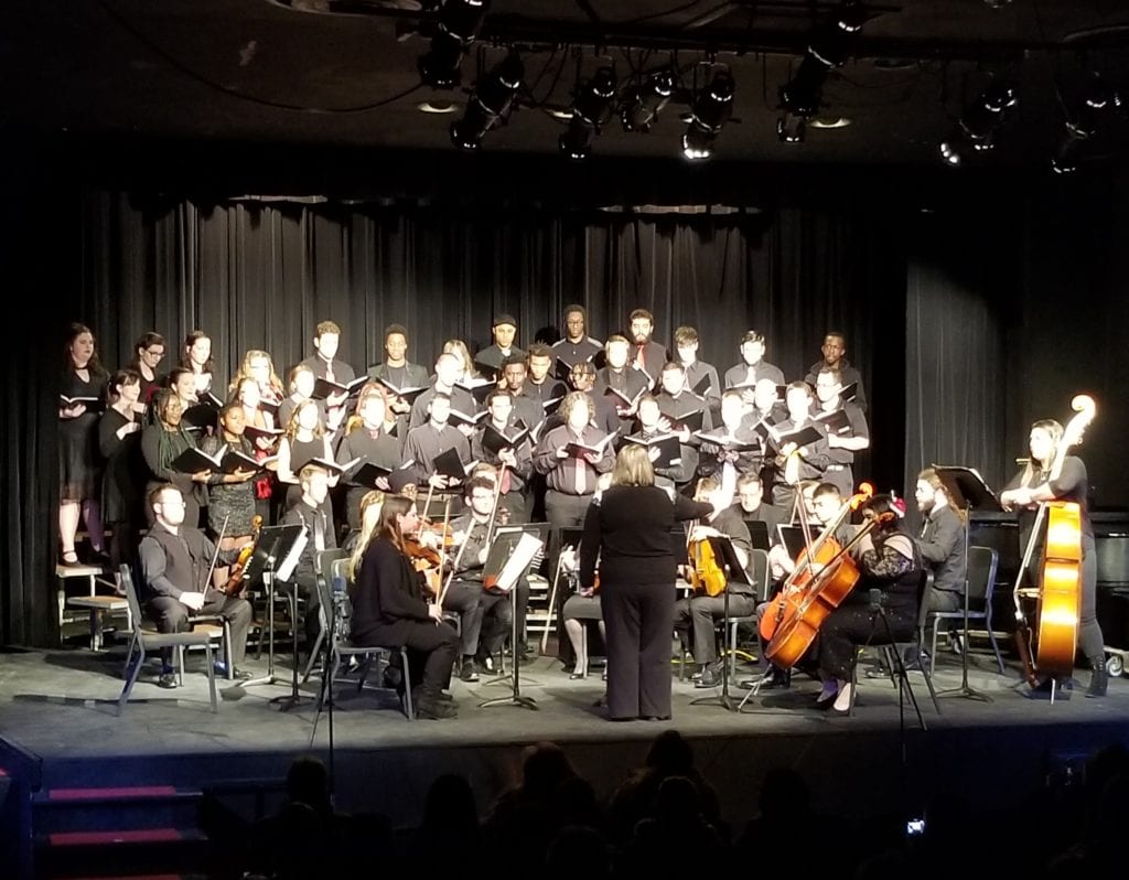 SUNY Broome orchestra and choir during the December 2018 Winter Concert