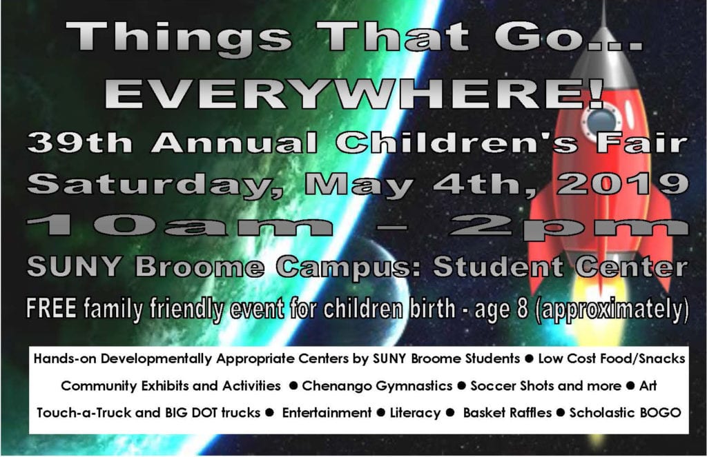 Join SUNY Broome’s Department of Teacher Education and Early Childhood Education, the Broome Educators of Children Association student club and the Literacy Legacy project on Saturday, May 4, for the 39th annual Children’s Fair.