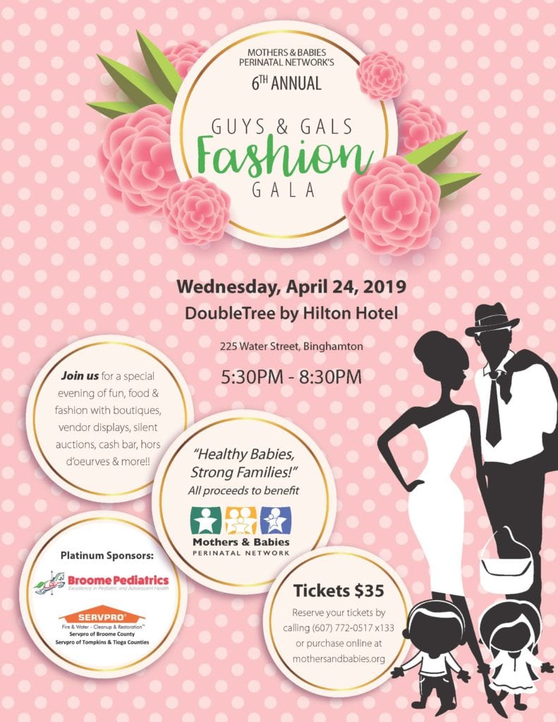 Support SUNY Broome President Kevin Drumm, Vice President Francis Battisti and SUNY Broome’s Stinger while they walk the runway for the Mothers and Babies Guys and Gals Fashion Gala from 5:30 to 8:30 p.m. Wednesday, April 24, 2019, at the DoubleTree Hilton. 