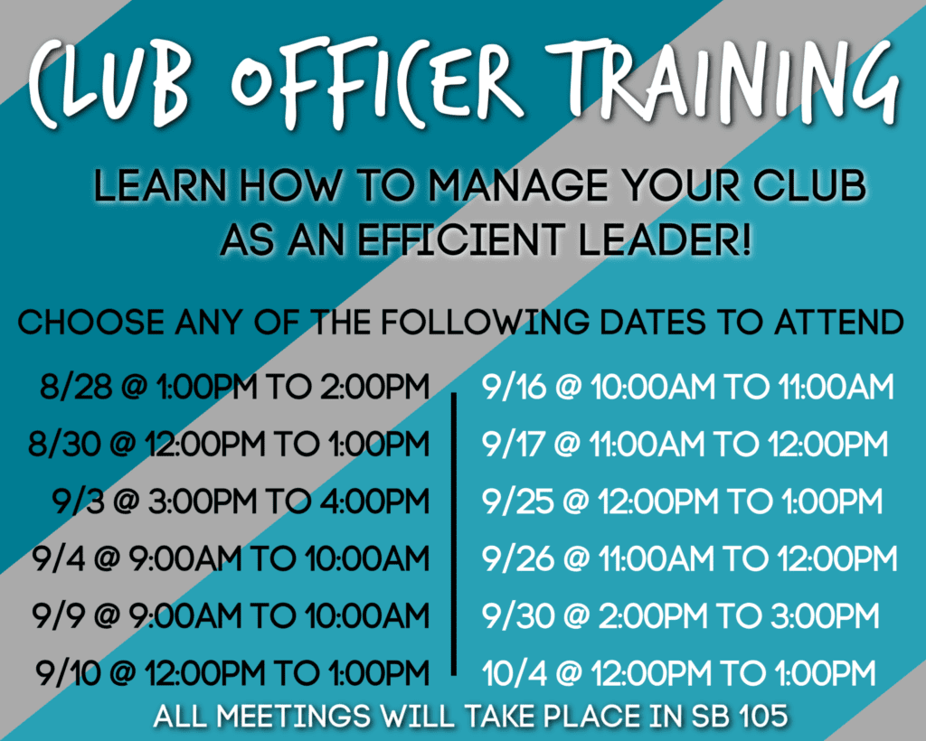 Flyer for club officer training sessions that says the same thing as the text