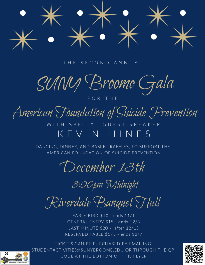 Flyer for the SUNY Broome Gala for suicide prevention with the same text as in the main post except it's in fancier script