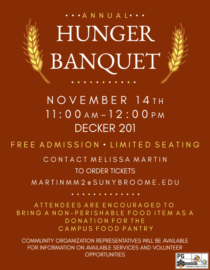SUNY Broome's annual Hunger Banquet will run from 11 a.m. to noon Nov. 14, 2019, in Decker 201.