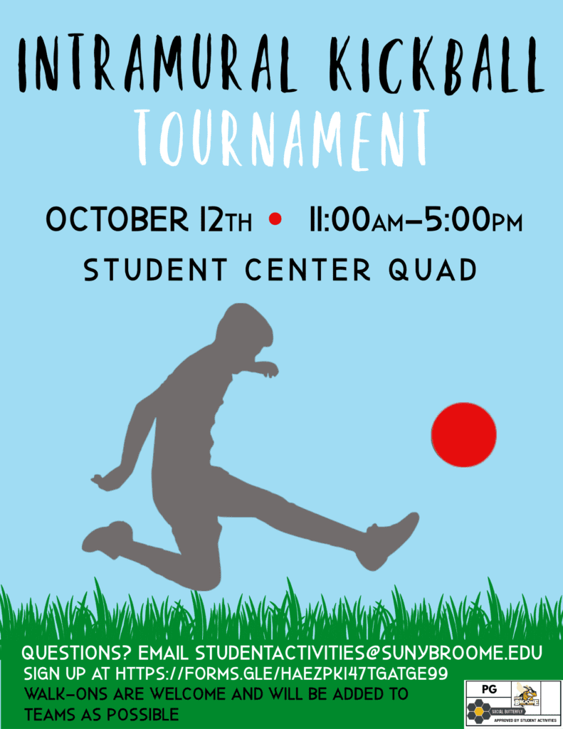Join the fun! Student Activities is hosting an intramural kickball tournament from noon to 5 p.m. Oct. 12 on the Quad.