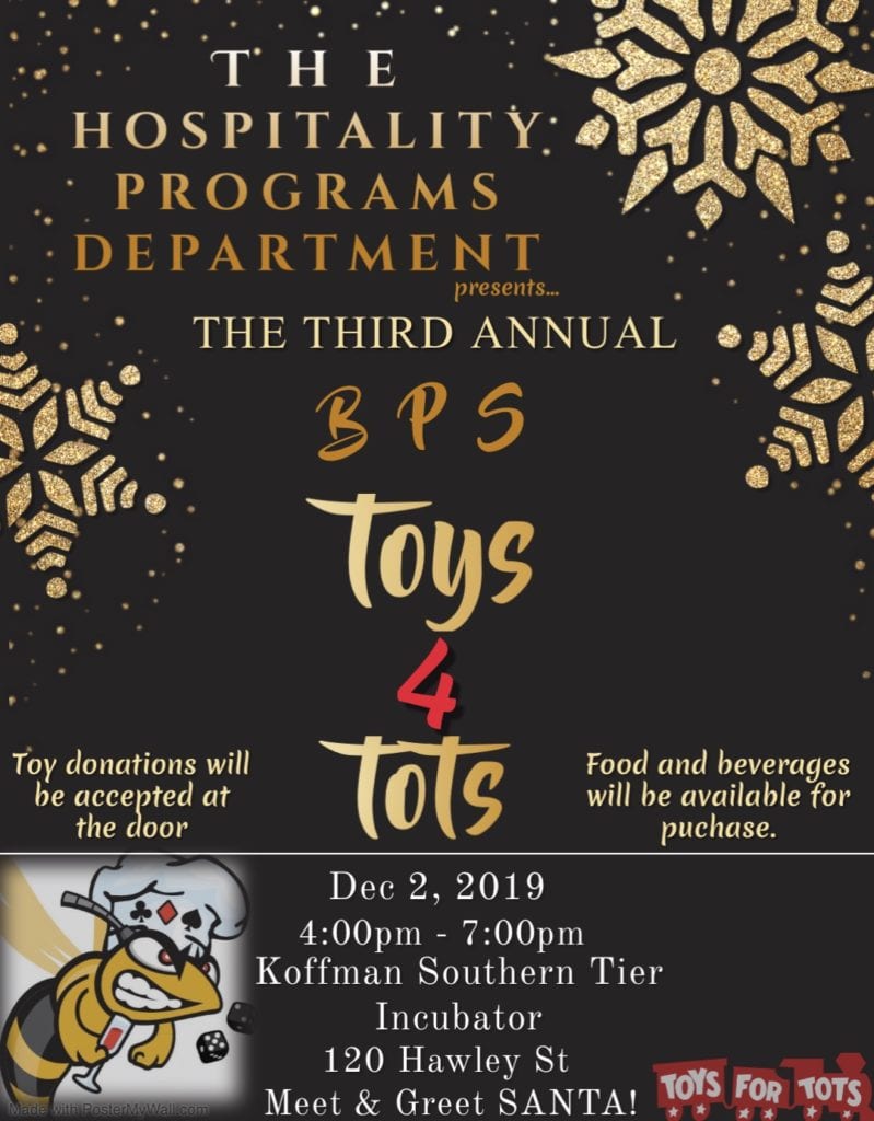 Ring in the holiday season at the Hospitality Programs Department's third annual BPS Toys for Tots extravaganza from 4 to 7 p.m. Dec. 2, 2019, at the Koffman Southern Tier Incubator!