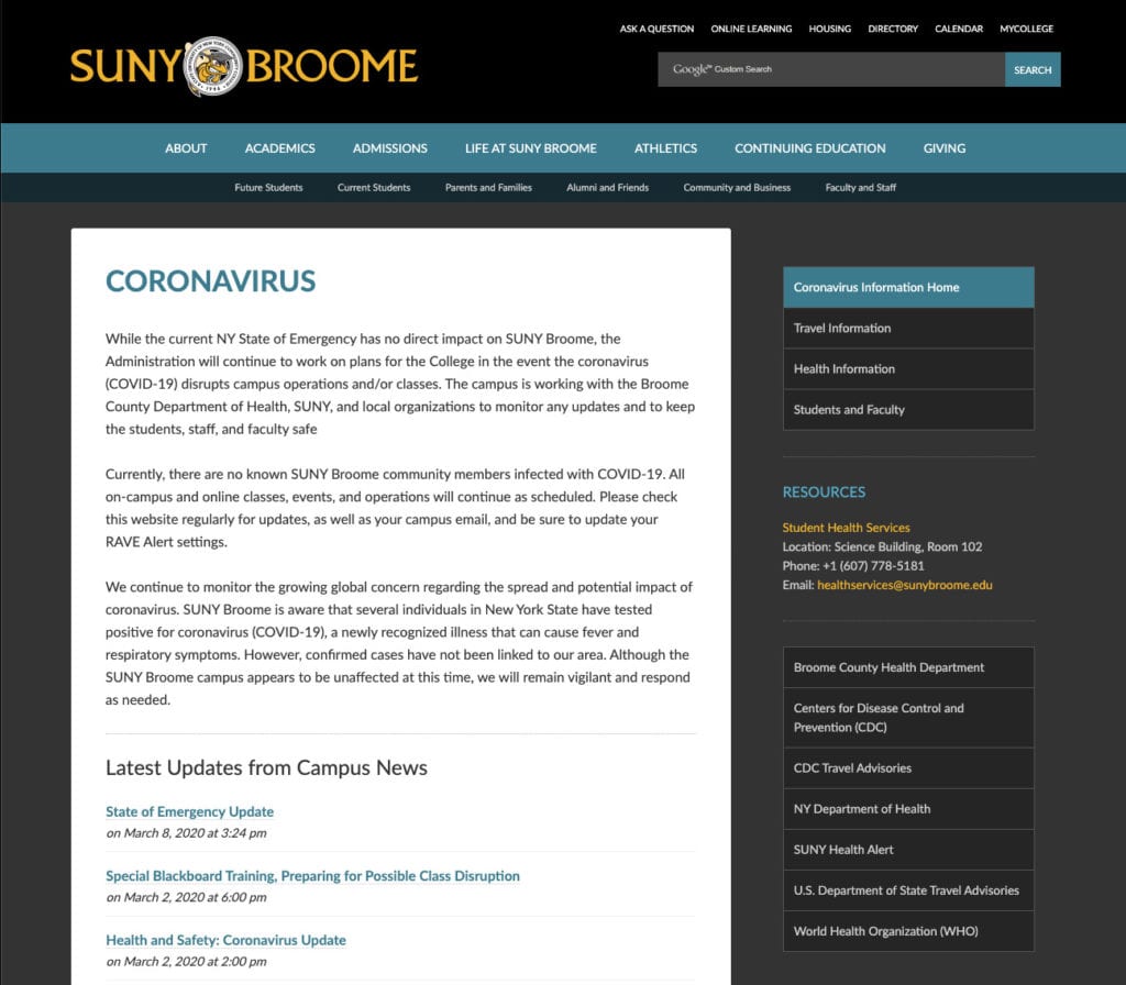 website containing coronavirus information and updates