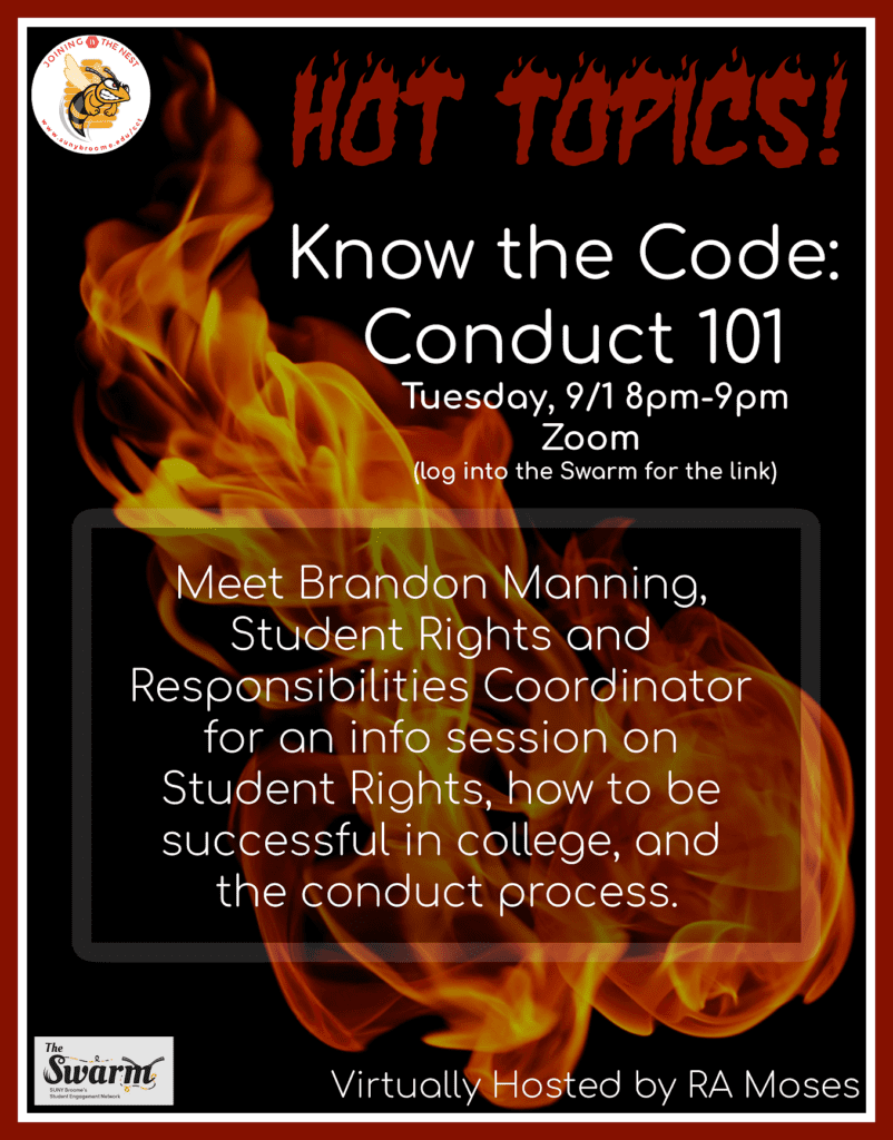 Hot topics, Know the code: Conduct 101, Tuesday 9/1 8pm-9pm, on Zoom