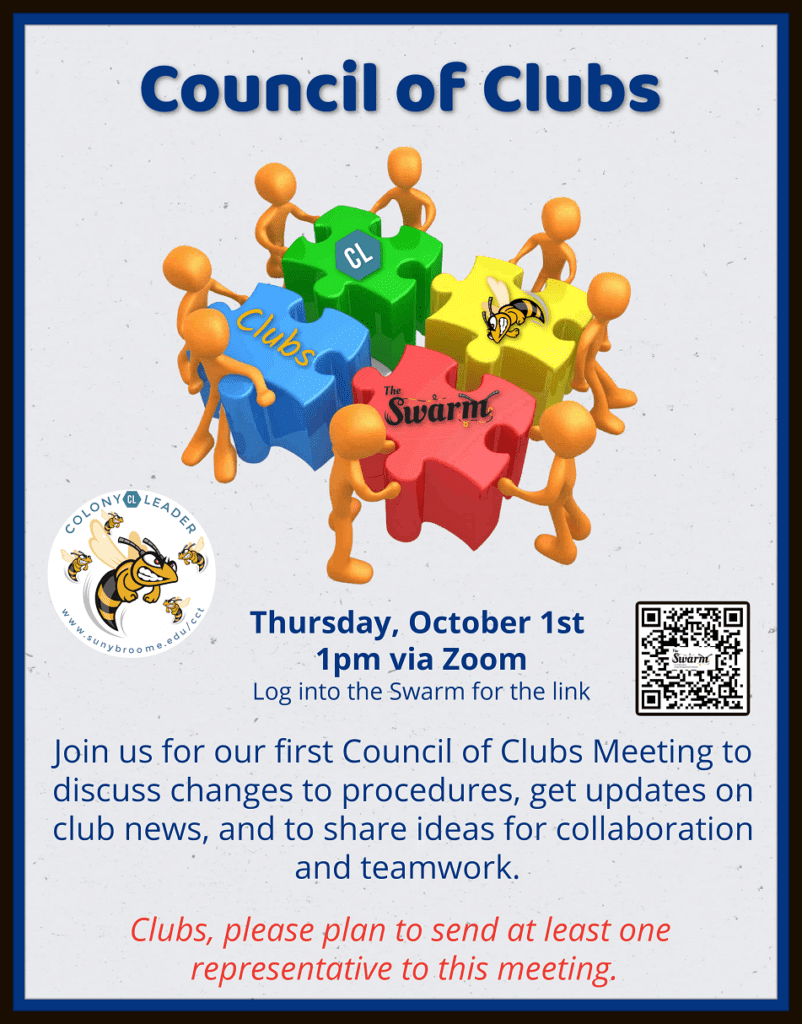 Council of Clubs Meeting Thursday October 1, 2020 at 1:00 pm via Zoom. Check the Swarm for Zoom link.