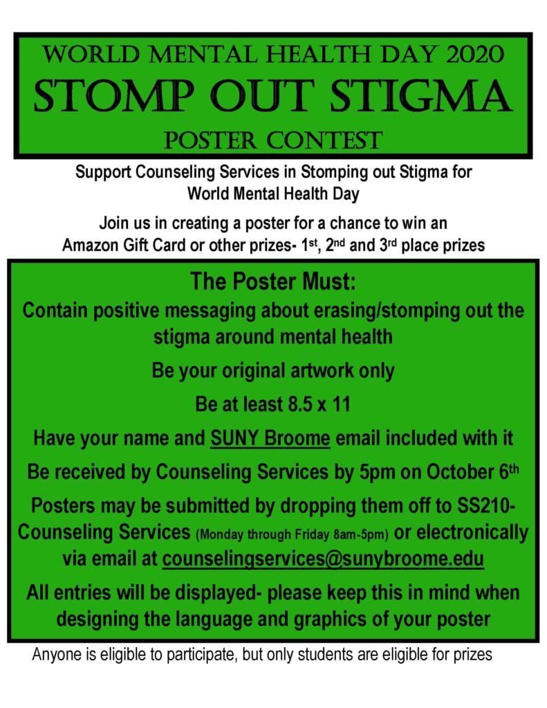 World Mental Health Day 2020 Stomp Out Stigma Poster Contest, Support Counseling Services in Stomping out Stigma for World Mental Health Day.