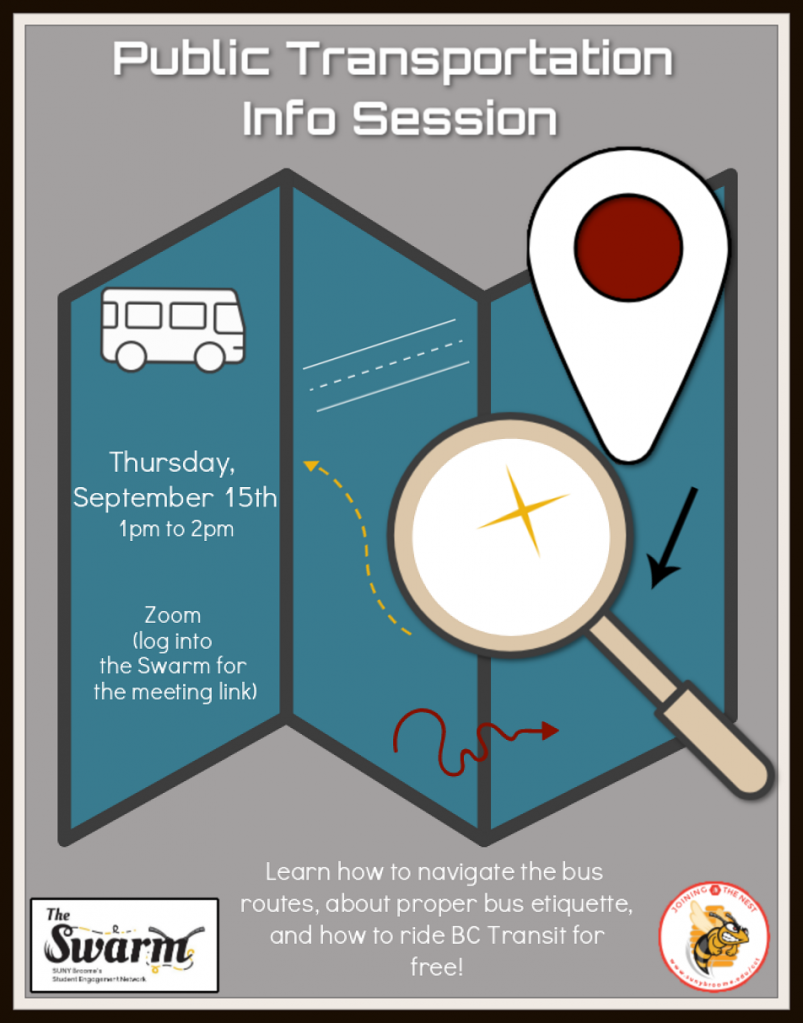 Public Transportation Info Session, Wednesday September 10, 2 pm to 3 pm on Zoom, check the swarm for details and zoom link