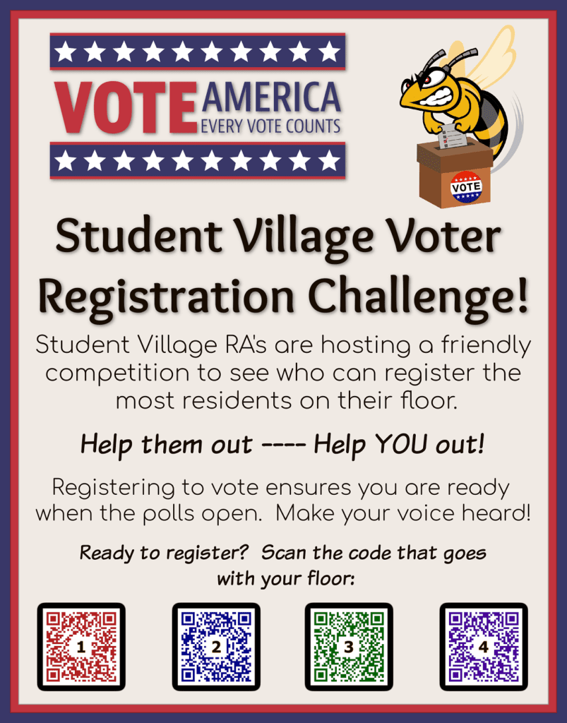 Vote America; Every Vote Counts; Student Village Voter Registration Challenge!