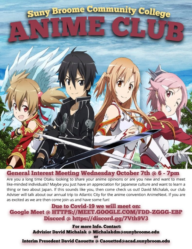 SUNY Broome Anime Club General Interest Meeting Wednesday October 7, 2020 at 6:00 pm to 7:00 pm