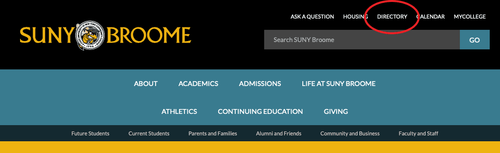 Screen shot of top of SUNY Broome website with directory circled in red