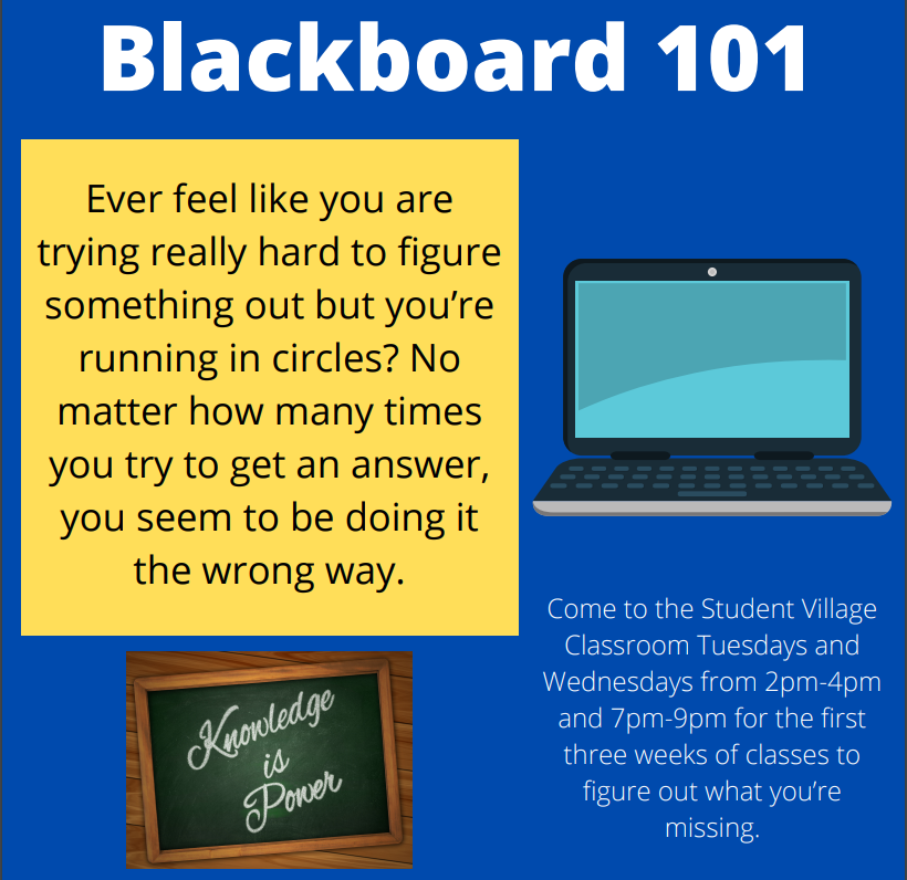 Blackboard 101: Student Village Classroom Tuesdays and Wednesdays from 2:00 pm to 4:00 pm for the first three weeks of classes.