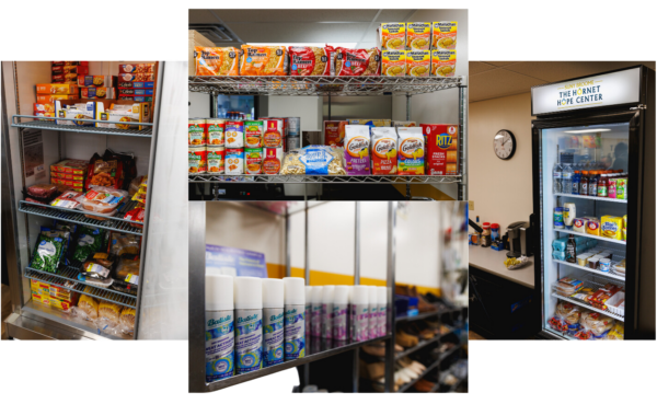 Hornet Hope Center items. Pantry foods, frozen foods, drinks, and personal hygiene products.