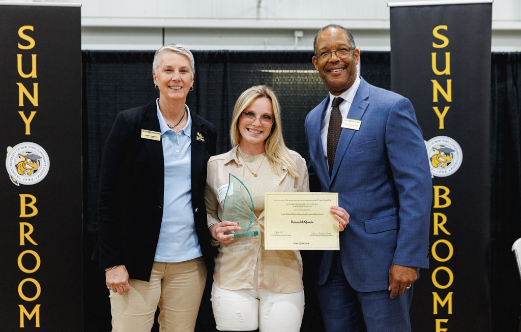 Briana McQuade from the women's soccer team Awarded At Foundation Scholarship. McQuade is pictured above with SUNY Broome Director of Athletics, Colleen Cashman, and SUNY Broome President, Dr. Tony Hawkins.