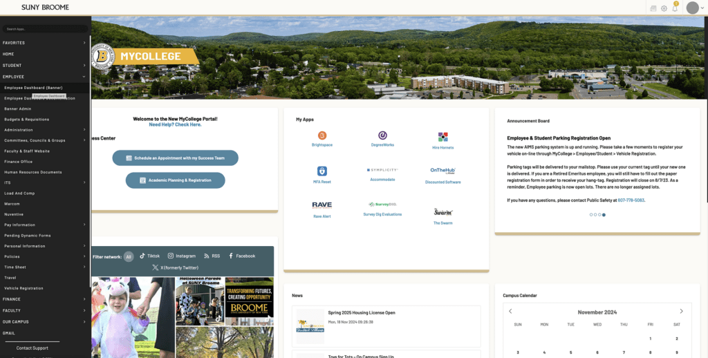 MyCollege Dashboard with Employee Dashboard (banner) highlighted in the left side menu bar