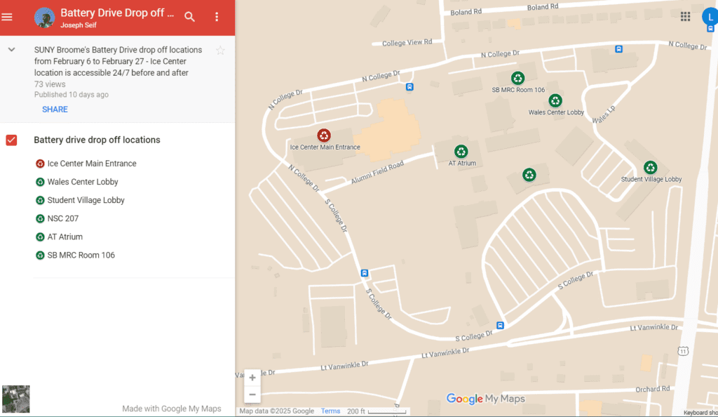 SUNY Broome on-campus Battery Day drop off locations identified on the map.
