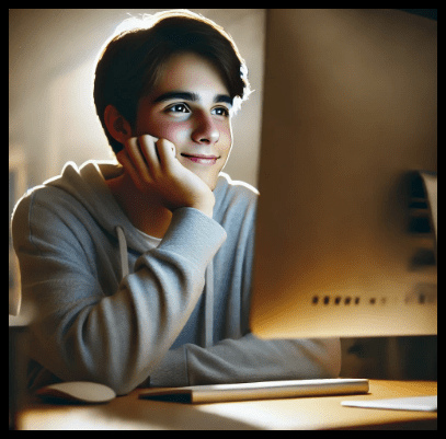 Boy, smiling, looking at his computer screen
