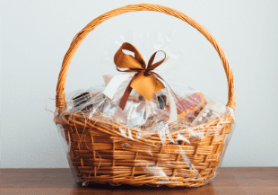 Wicker basket filled with raffle items