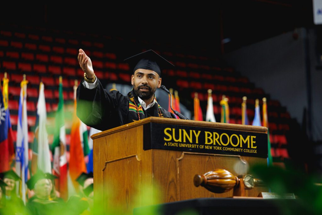 Quentin Pappadakis (LA’ 26) speaking at the 2026 Commencement Ceremony. 