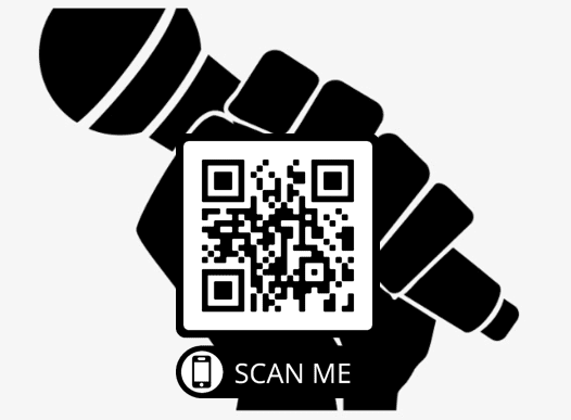 black and white microphone in a hand overlayed with a QR code and "Scan Me"