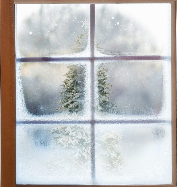 Frost covered window overlooking a christmas tree