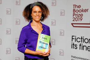 Author Bernardine Evaristo with her Booker Prize Winning novel, Girl, Woman, Other
