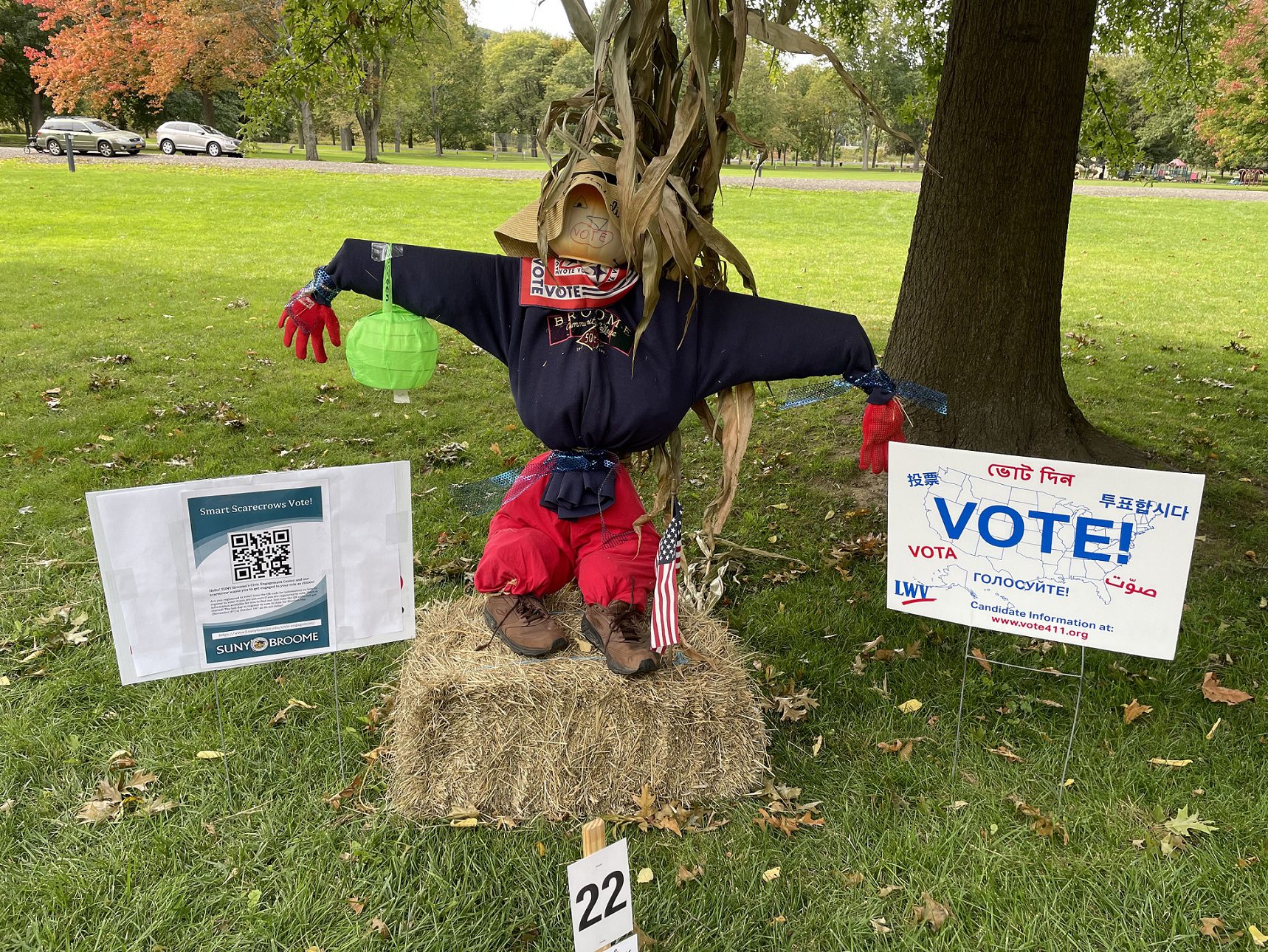 SUNY Broome's Civic Engagement Center "Smart Scarecrows Vote" display at the Otsiningo Park Broome County Scarecrow displays.