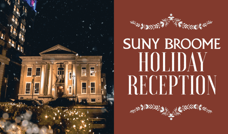 Suny Broome Holiday Reception: night time view of the Culinary Center with lights and stars.