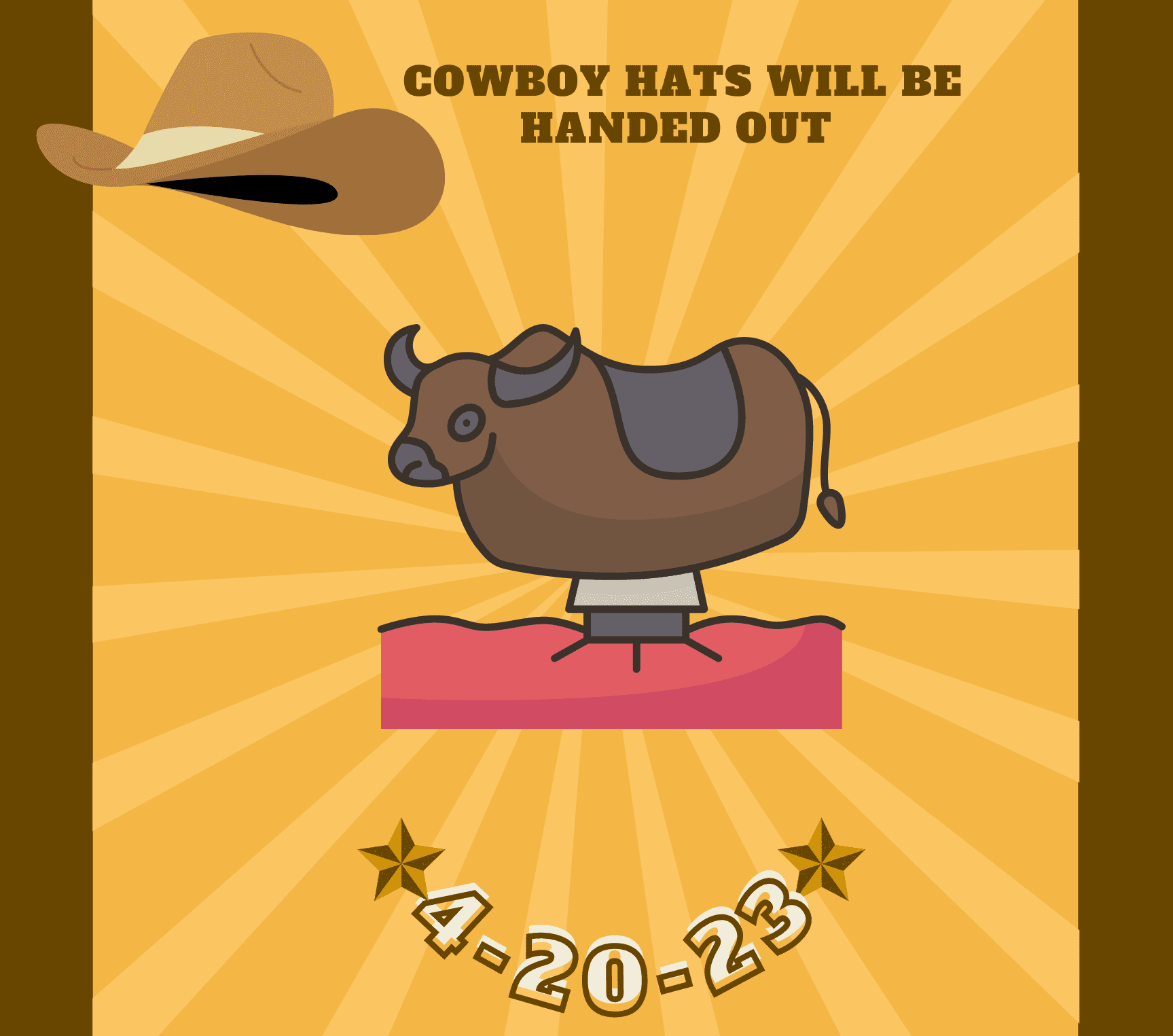 Come Ride The Mechanical Bull Cowboy hats will be handed out April 20, 2023 10:00 am - 2:00 pm at the student Center Cafe