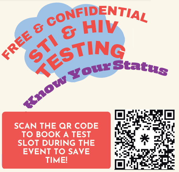 Free & Confidential STI & HIV testing. Know your status. Scan the QR code to book a test slot during the event to save time. QR Code block.