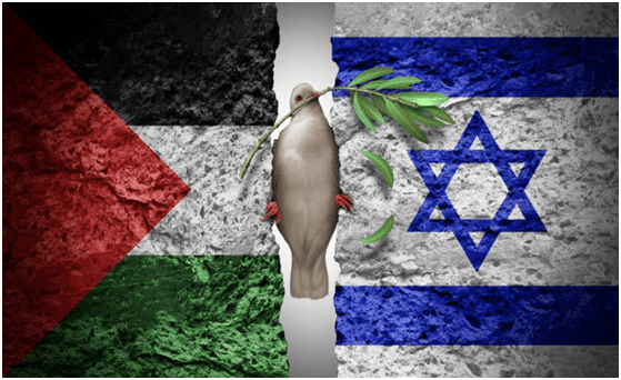 a dove between Palestinian flag and Israeli flag