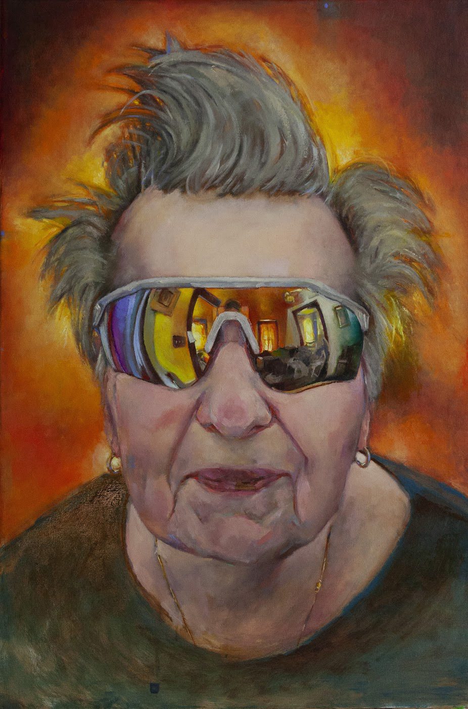 The painting is a large-scale portrait with a high chroma palette, showcasing Professor Zeggert's mother's living room, reflected in the glasses.