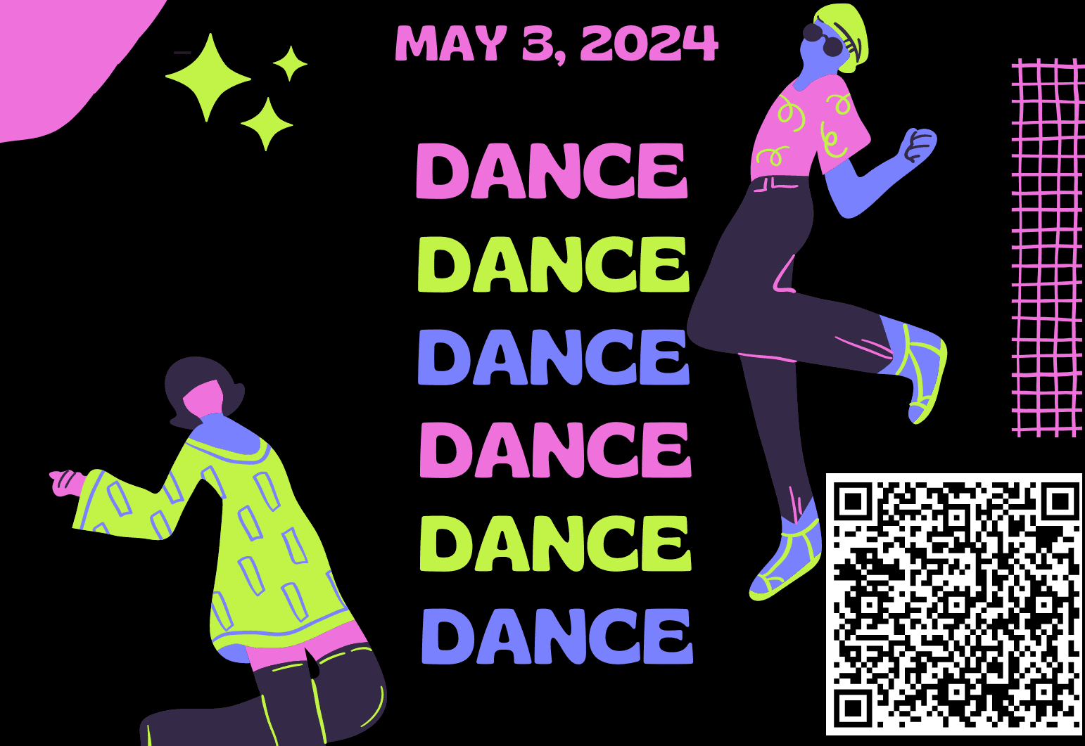 Spring Dance on May 3, 2024 from 7-10 pm in Decker 201. Refreshments will be provided QR code