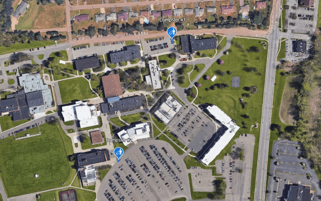 Aerial image of campus showing the locations of the two dumpsters in Lot 1 and Lot 17.