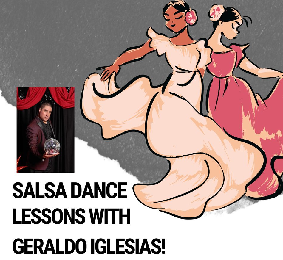 Salsa Dance Lessons with Geraldo Iglesias; image of Geraldo and drawing of two salsa dancers.
